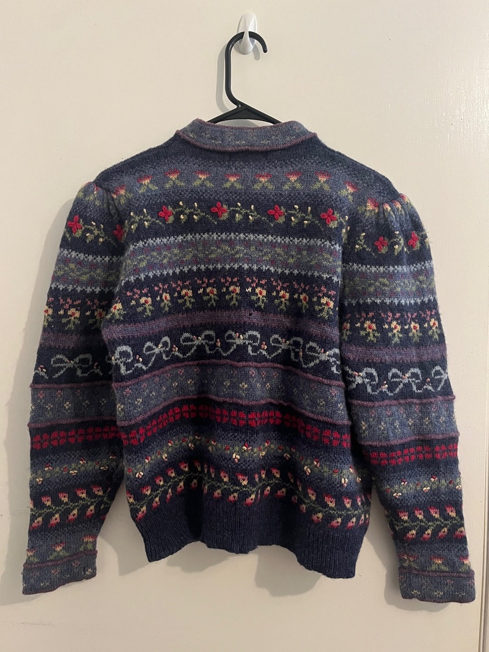 Susan Bristol Navy Wool Hand-Embroidered Cardigan with Pink and Red Accents - Picture 2 of 5